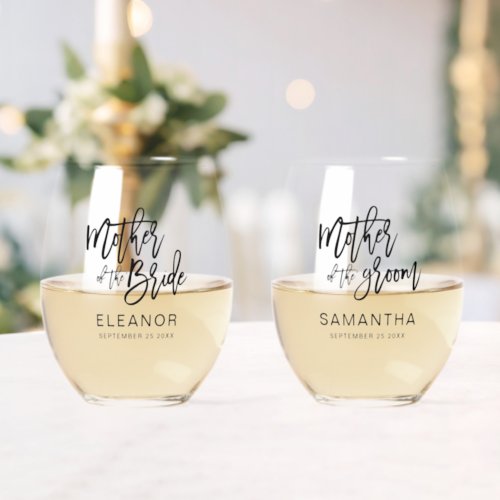 Mother of Bride  Groom Gifts Name Date Wedding Stemless Wine Glass