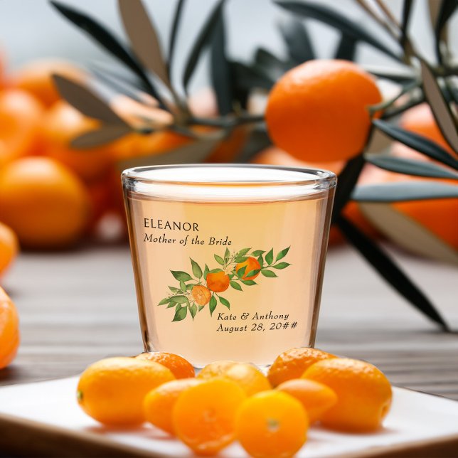 Mother of Bride Orange Blossom Citrus Wedding Shot Glass (Wedding Party shot glass gifts from the Orange Blossom Wedding Collection by Darling & May)