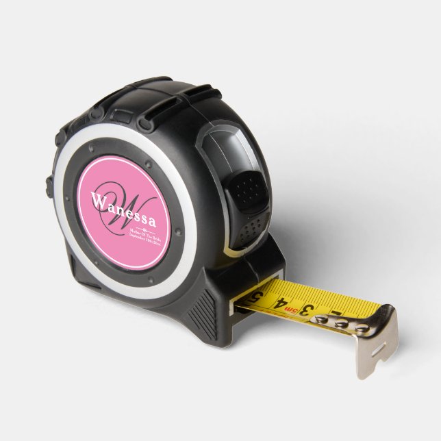Mother Of Bride Script Modern Monogram Handy Pink Tape Measure (Angle)