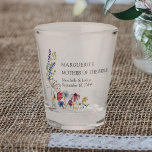 Mother of Bride Wildflower Country Floral Wedding Shot Glass<br><div class="desc">Personalized shot glass for you to customize for the Mother of the Bride including the bride and groom's names and the wedding date. This rustic country botanical design has a pretty bouquet of wildflowers including daisy poppy and cornflower, coneflower and seed head. An elegant modern floral with bohemian garden theme....</div>