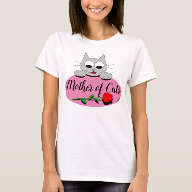 Mother of Cats Cartoon Cat with long stem Red Rose T-Shirt (Front)