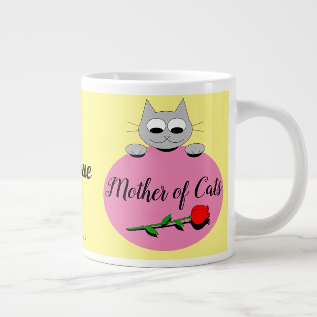 Mother of Cats Cute Gray Cat with Red Rose Giant Coffee Mug (Right)
