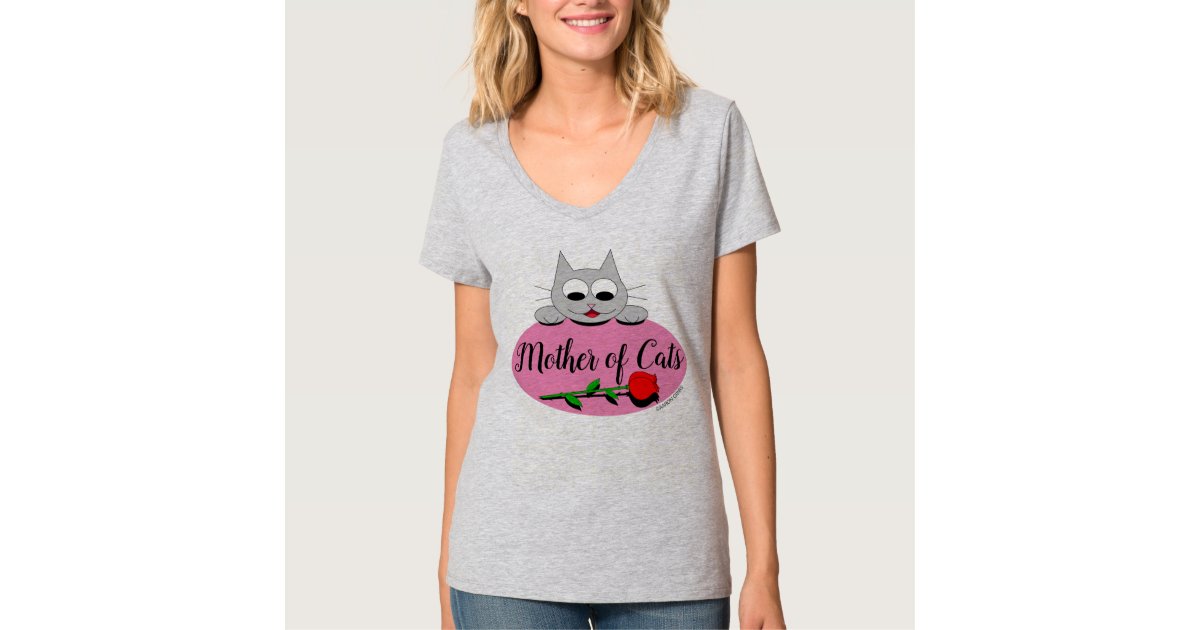Mother Of Cats With Red Rose Cat Lover V Neck T Shirt Zazzle Com