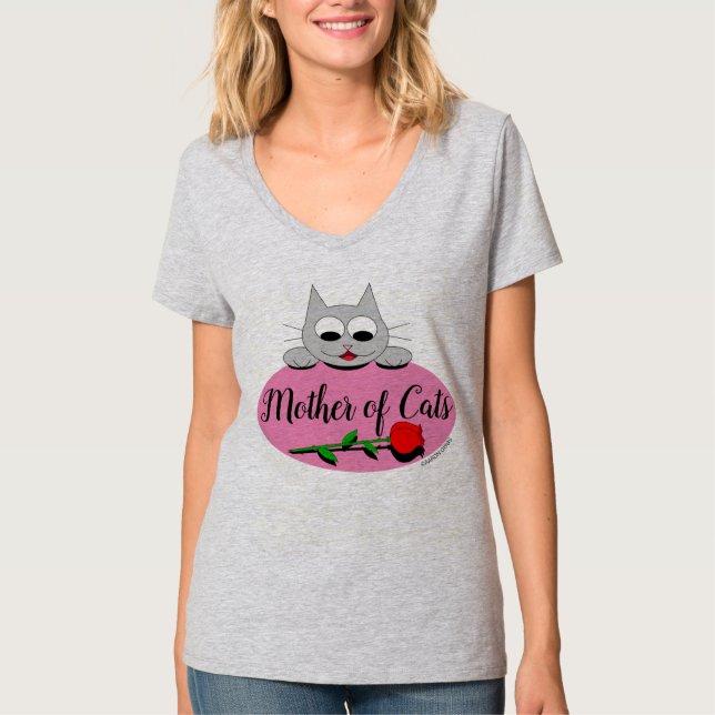 Mother of Cats with Red Rose Cat Lover V Neck T-Shirt (Front)