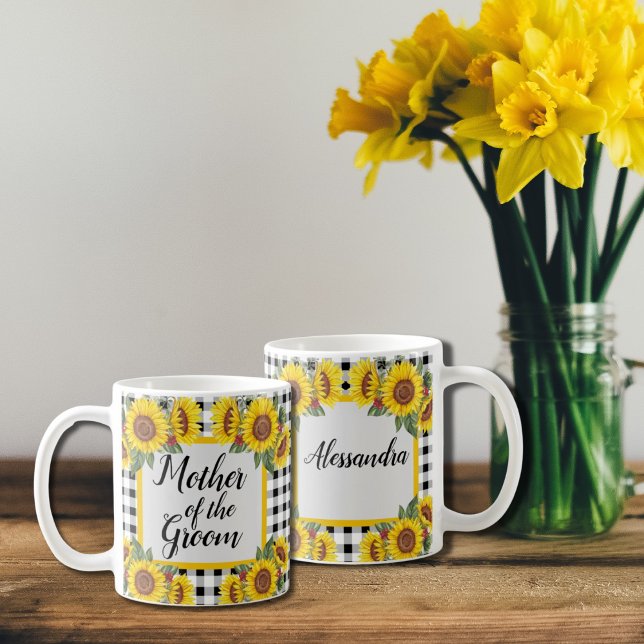 Mother of Groom Personalized Gingham Sunflowers Coffee Mug (Creator Uploaded)
