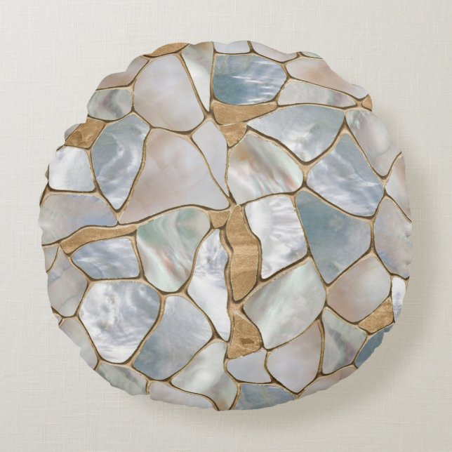 Mother of pearl and Gold cells abstract Round Pillow (Front)