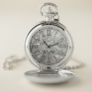 Mother of Pearl Background Pattern Monogram Pocket Watch
