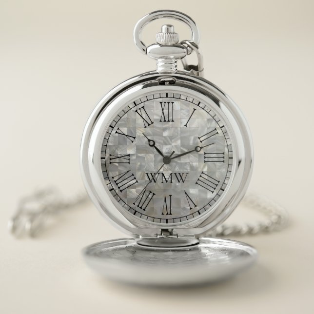 Mother of Pearl Background Pattern Monogram Pocket Watch (Inside)