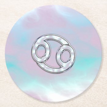 Mother Of Pearl Cancer Zodiac Symbol Decor Round Paper Coaster by MustacheShoppe at Zazzle