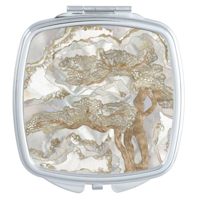 Mother of pearl Golden Tree Compact Mirror (Front)