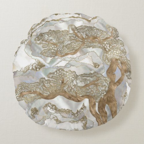 Mother of pearl Golden Tree Round Pillow
