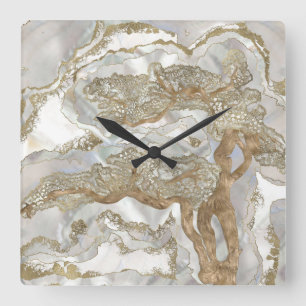 Mother of pearl Golden Tree Square Wall Clock
