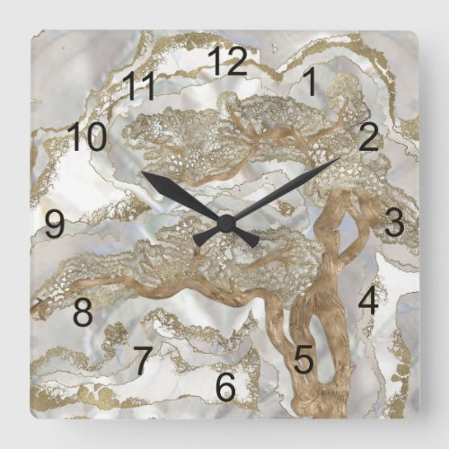 Mother of pearl Golden Tree Square Wall Clock