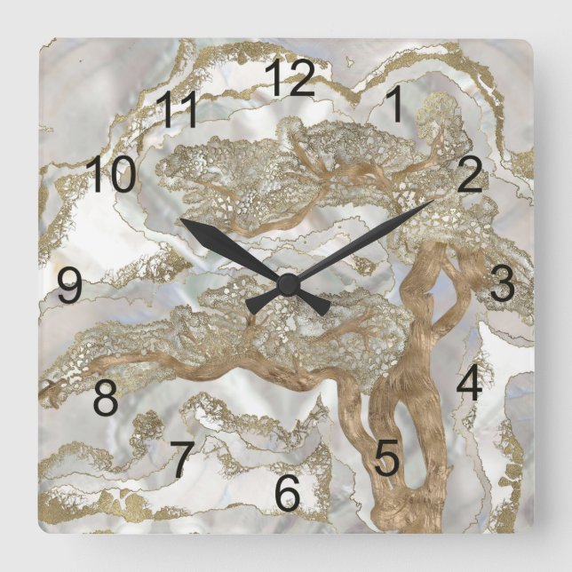 Mother of pearl Golden Tree Square Wall Clock (Front)