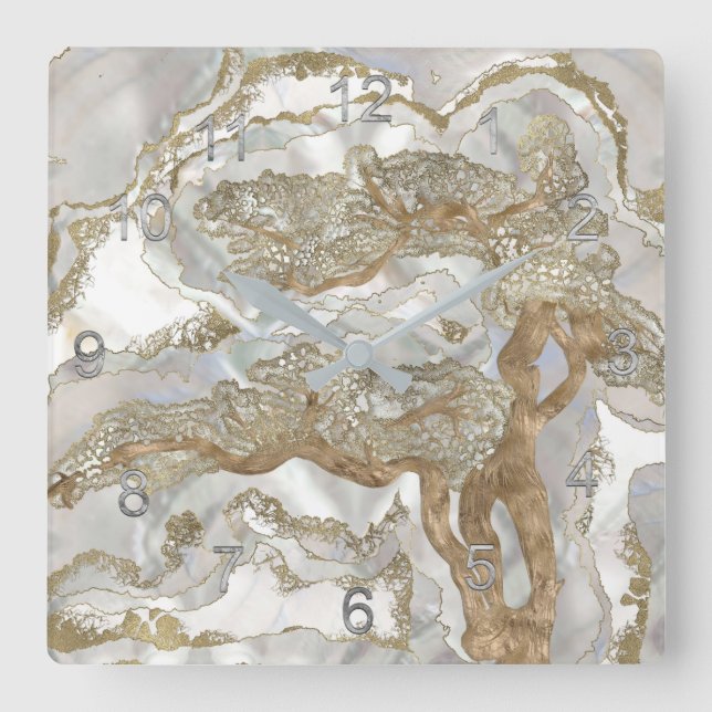 Mother of pearl Golden Tree Square Wall Clock (Front)