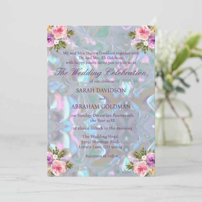 Mother of Pearl Iridescent Elegant Wedding Invitation (Standing Front)