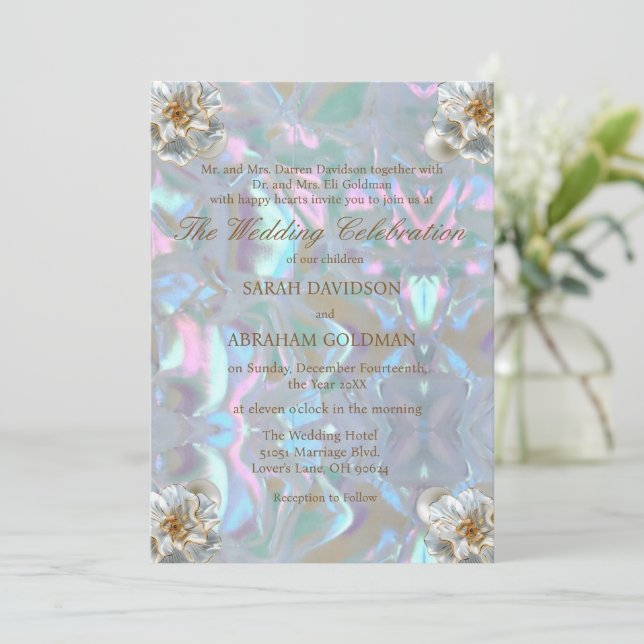 Mother of Pearl Iridescent Elegant Wedding Invitation (Standing Front)