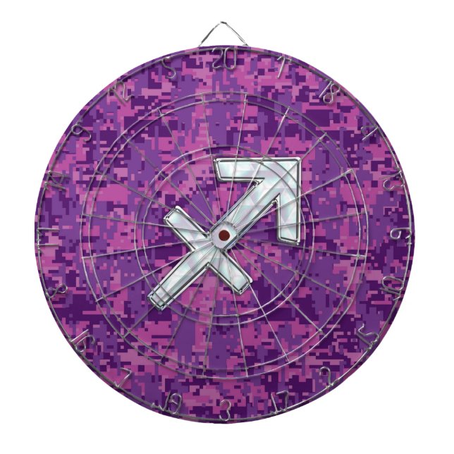 Mother of Pearl Sagittarius Symbol Fuchsia Camo Dart Board (Front)