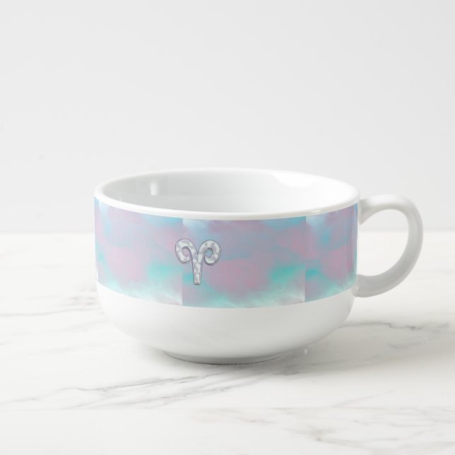 Mother of Pearl Style Aries Zodiac Symbol Soup Mug (Left)