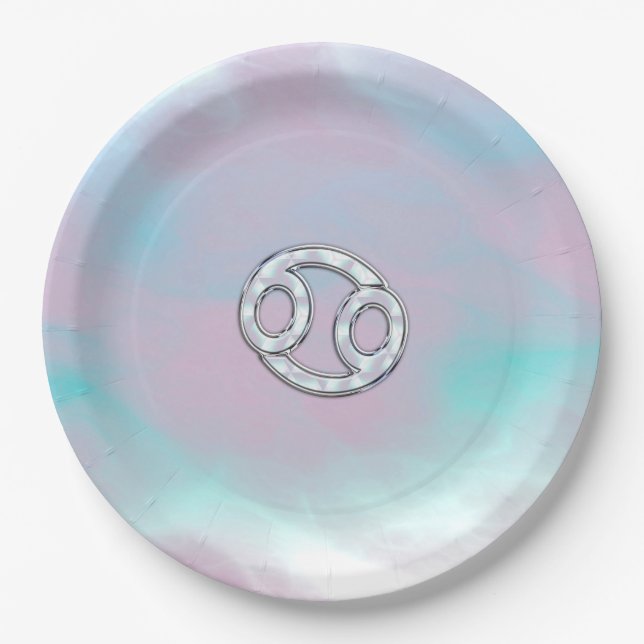 Mother of Pearl Style Cancer Zodiac Symbol Paper Plates (Front)