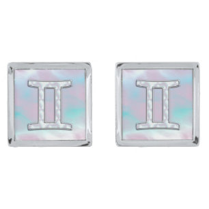 Mother of Pearl Style Gemini Zodiac Sign Silver Cufflinks