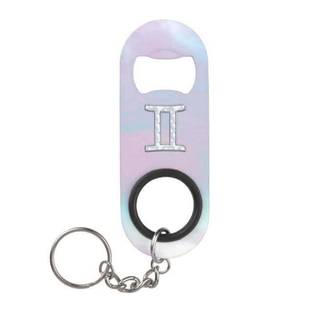 Mother of Pearl Style Gemini Zodiac Symbol Keychain Bottle Opener (Front)