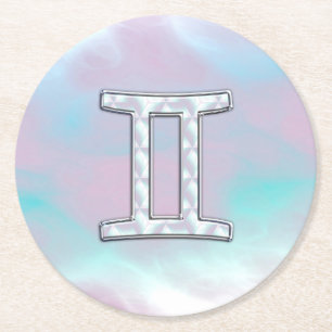 Mother of Pearl Style Gemini Zodiac Symbol Round Paper Coaster