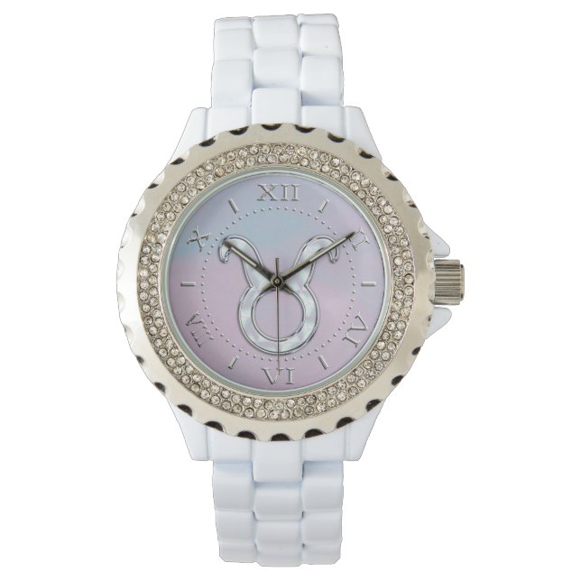 Mother of Pearl Taurus Zodiac Astrology Dial Watch (Front)