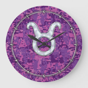 Mother of Pearl Taurus Zodiac Sign on Digital Camo Large Clock