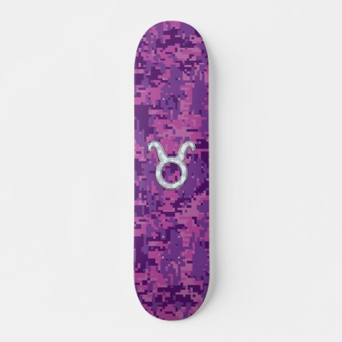 Mother of Pearl Taurus Zodiac Sign on Digital Camo Skateboard Deck