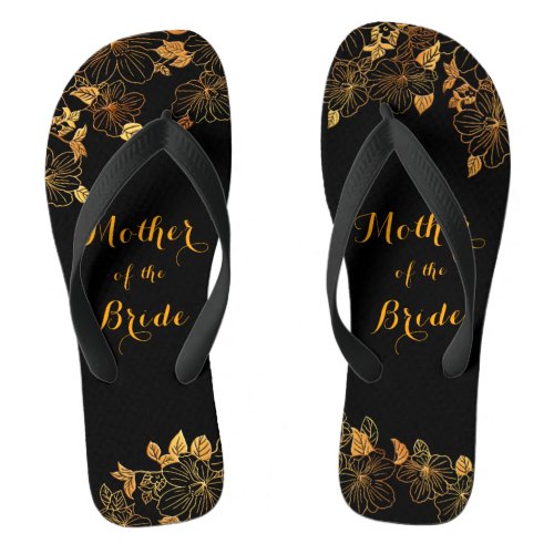 Mother of the Bride Black  Gold Foliage Pattern Flip Flops