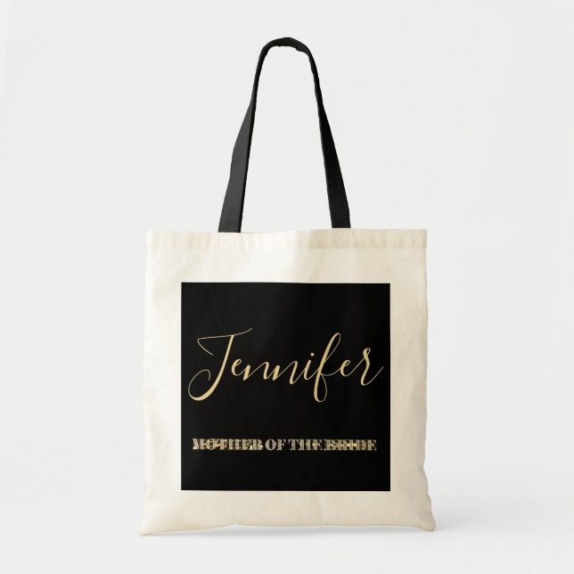 Mother of The Bride Black Gold Glitter Typography Tote Bag (Front)