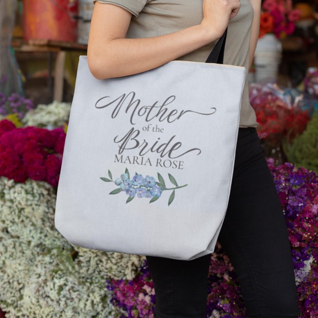 Mother of the Bride Blue Floral Wedding Script  Tote Bag (Mother of the Bride personalized wedding tote bag featuring elegant calligraphy script and blue flor)