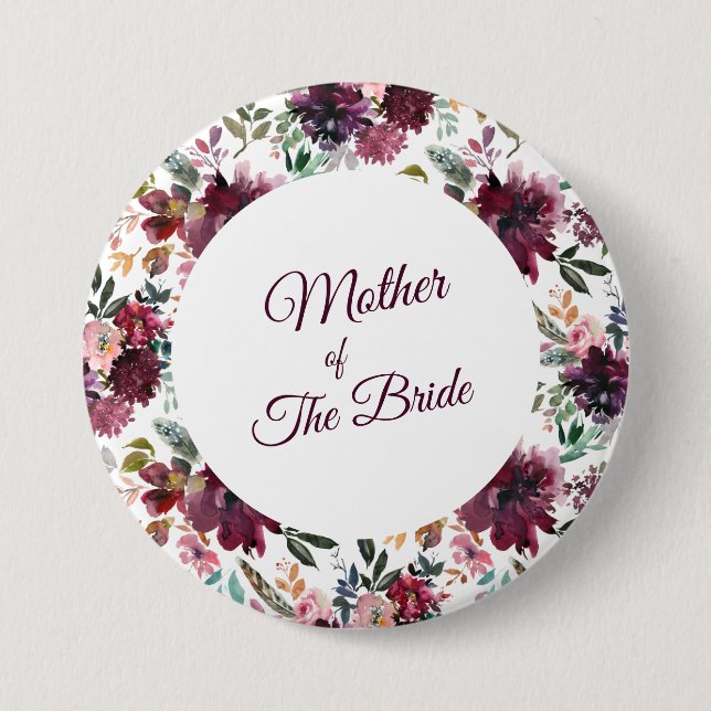 Mother Of The Bride Burgundy Garden Floral Pattern Button (Front)