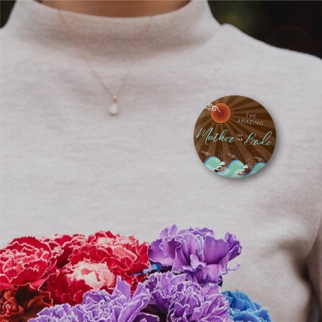 MOTHER OF THE BRIDE Cool Waves Brown Sun Wedding Button (MOTHER OF THE BRIDE Cool Aqua Waves Brown Sun Beach Wedding Rehearsal Party Pin Button @ fat_fa_tin)