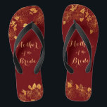Mother of the Bride Dark Burgundy & Gold Foliage Flip Flops<br><div class="desc">These gorgeous Mother of the Bride Dark Burgundy and gold foliage flip flops have a dark burgundy background that is adorned with an intricate gold floral greenery pattern and customizable modern typography. The combination of the rich burgundy and the shimmering gold create an elegant and luxurious aesthetic. It's a beautiful...</div>