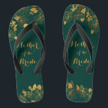 Mother of the Bride Emerald Green & Gold Foliage Flip Flops<br><div class="desc">These gorgeous Mother of the Bride emerald green and gold foliage flip flops feature golden foliage pattern and modern typography on timeless dark green background. It's a beautiful gift for your bridal party. View the collection on this page to find matching items. ♥Customize it with your information. ♥ If you...</div>