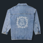 Mother of the bride floral wreath wedding denim ja denim jacket<br><div class="desc">This lovely denim jacket, specially designed for the esteemed mother of the bride, showcases an enchanting floral wreath adorned with delicate white flowers and leaves. The typography elegantly spells out the phrase "Mother of the bride, " where the dot on the letter "i" is replaced by a heart-shaped symbol, adding...</div>