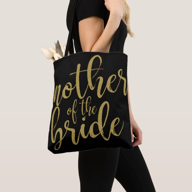Mother of the Bride Gold Glitter Calligraphy Tote Bag (Close Up)