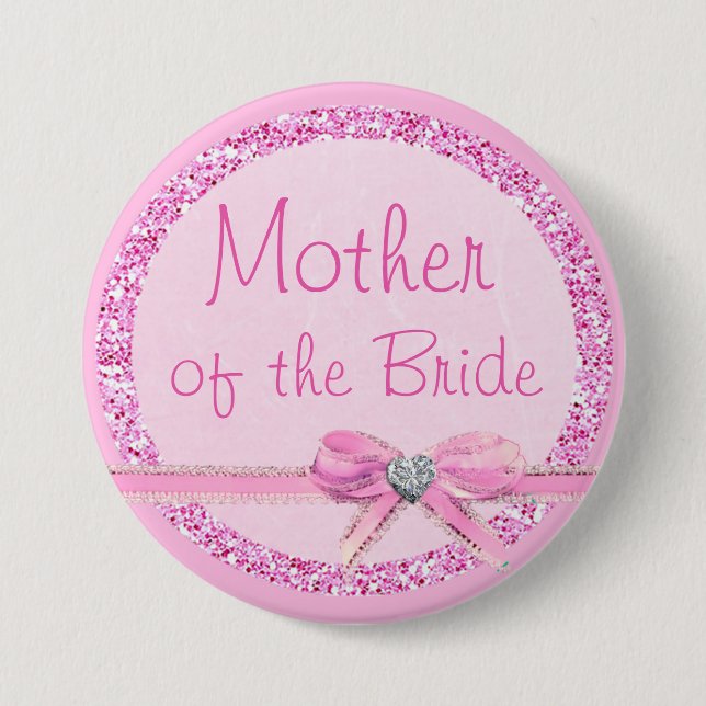 Mother of the Bride Pink Bow Faux Glitter Button (Front)