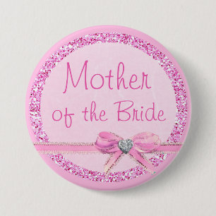 Mother of the Bride Pink Bow Faux Glitter Button