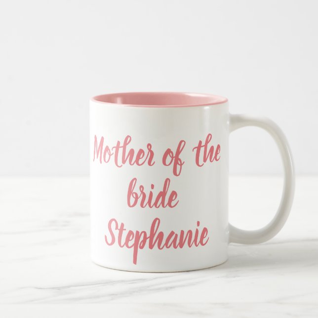 Mother of the Bride Pink Script Weddings Two-Tone Coffee Mug (Right)
