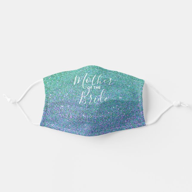 Mother of the Bride Script Teal Blue Glitter Adult Cloth Face Mask (Front, Unfolded)