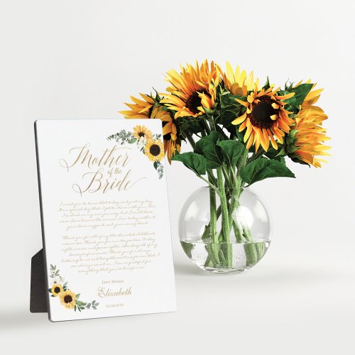 Mother of The Bride Sunflowers Message from Bride Plaque
