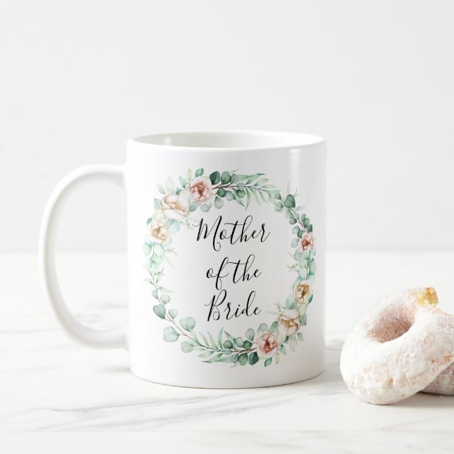 mother of the bride ,watercolor eucalyptus wreath coffee mug (With Donut)
