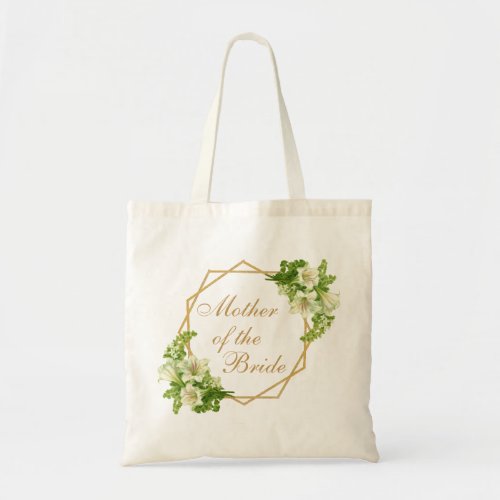 Mother of the Bride White Lilies Gold Floral Tote Bag