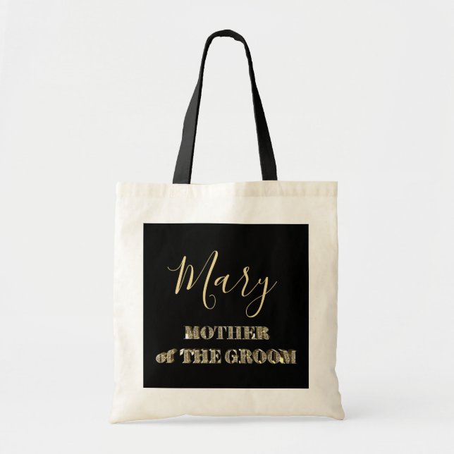 Mother of The Groom Black Gold Glitter Typography Tote Bag (Front)