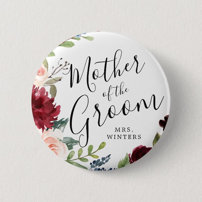 Mother of the Groom | Burgundy Bouquet Wedding Button (Front)