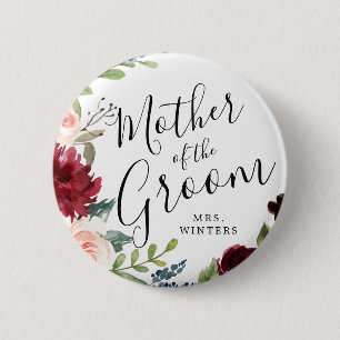 Mother of the Groom Burgundy Bouquet Wedding Button