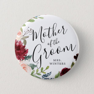 Mother of the Groom   Burgundy Bouquet Wedding Button